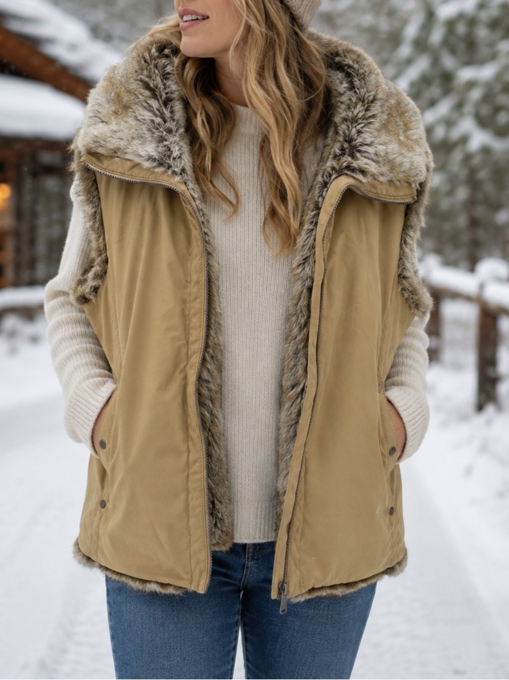 Weatherproof Faux Fur Lined Puffer Vest Tan Beige Zip Front Women’s Large